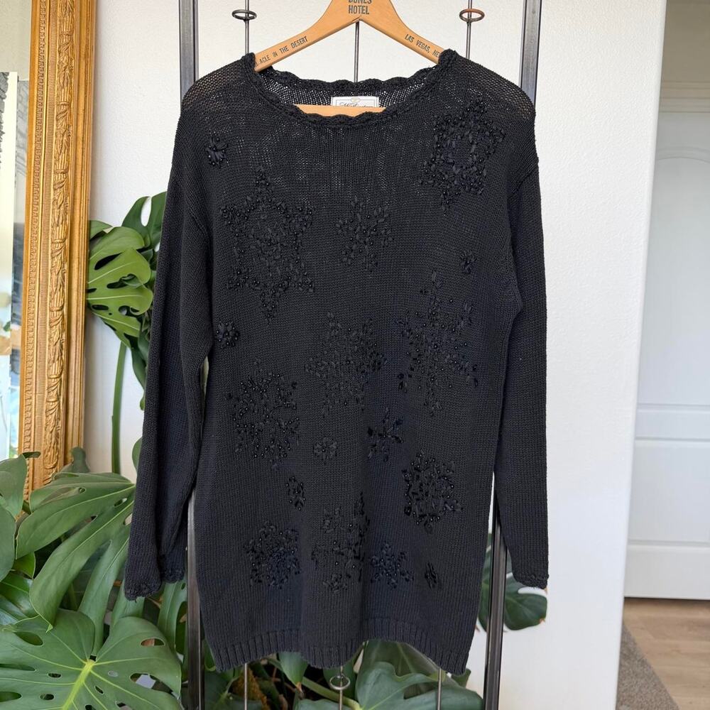 Worthington black beaded floral sweater - witchy vibes